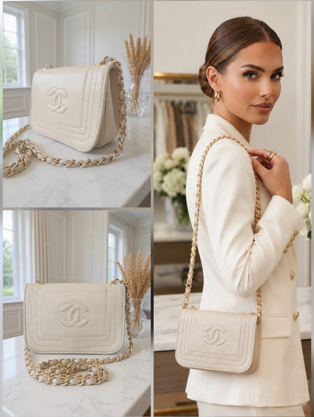 Chanel Vintage 1988 Beige Lambskin CC Stitch Small Flap Bag ✨️